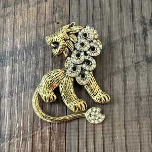 Gold Lion Brooch with Clear Crystal Mane